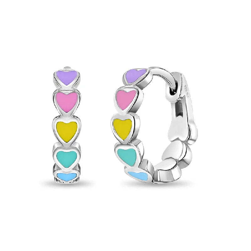 Jewelry Clearance Sale – Final Reductions Heart Cascade 9mm Toddler / Kids Earrings Hoop/Huggie Enamel Safety Latch - Sterling Silver