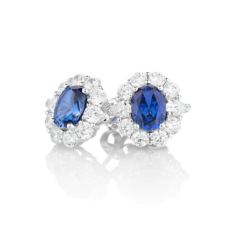 Jewelry Clearance Sale – Final Reductions Oval and Round Brilliant stud earrings with ceylon sapphire simulants and 2.6 carats* of diamond simulants in 10 carat white gold Jewelry Clearance Sale – Final Reductions Oval and Round Brilliant stud earrings with ceylon sapphire simulants and 2.6 carats* of diamond simulants in 10 carat white gold