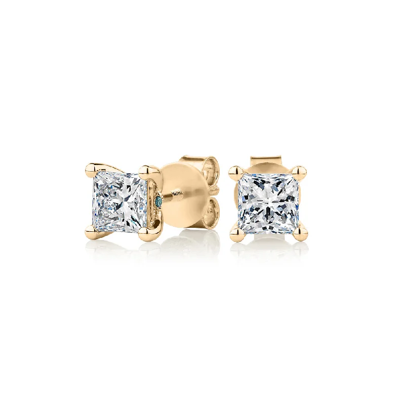 Affordable Luxury Jewelry – Style At A Great Price Premium Laboratory Created Diamond, 1.40 carat TW princess cut stud earrings in 14 carat yellow gold Affordable Luxury Jewelry – Style At A Great Price Premium Laboratory Created Diamond, 1.40 carat TW princess cut stud earrings in 14 carat yellow gold