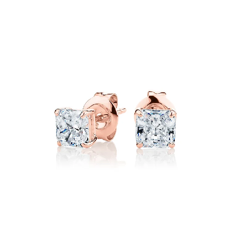 Huge Savings On Timeless Jewelry Collections Princess Cut stud earrings with 1 carat* of diamond simulants in 10 carat rose gold Huge Savings On Timeless Jewelry Collections Princess Cut stud earrings with 1 carat* of diamond simulants in 10 carat rose gold
