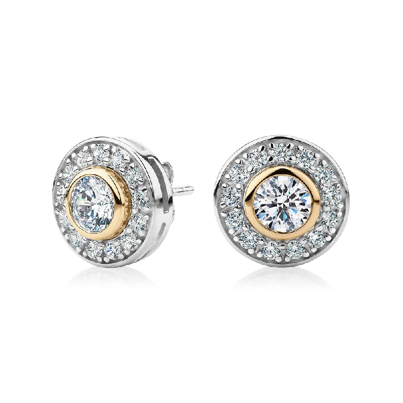Dainty Floral Jewelry For Feminine Elegance Round Brilliant halo stud earrings with 1.9 carats* of diamond simulants in 10 carat yellow gold and sterling silver Dainty Floral Jewelry For Feminine Elegance Round Brilliant halo stud earrings with 1.9 carats* of diamond simulants in 10 carat yellow gold and sterling silver