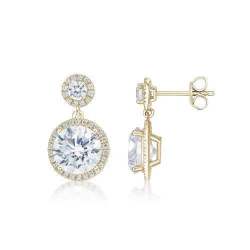 Best-Selling Jewelry Styles Now At Exclusive Discounts Round Brilliant halo stud earrings with 6.22 carats* of diamond simulants in 10 carat yellow gold Best-Selling Jewelry Styles Now At Exclusive Discounts Round Brilliant halo stud earrings with 6.22 carats* of diamond simulants in 10 carat yellow gold
