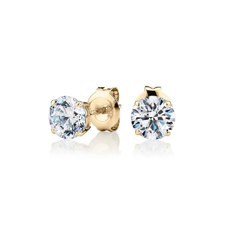Shop Handcrafted Jewelry At Special Promotional Rates Round Brilliant stud earrings with 1.5 carats* of diamond simulants in 10 carat yellow gold Shop Handcrafted Jewelry At Special Promotional Rates Round Brilliant stud earrings with 1.5 carats* of diamond simulants in 10 carat yellow gold