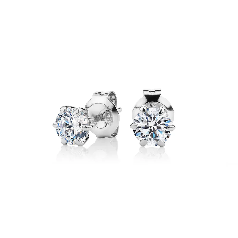 Huge Savings On Premium Jewelry Styles Round Brilliant stud earrings with 1 carat* of diamond simulants in 10 carat white gold Huge Savings On Premium Jewelry Styles Round Brilliant stud earrings with 1 carat* of diamond simulants in 10 carat white gold