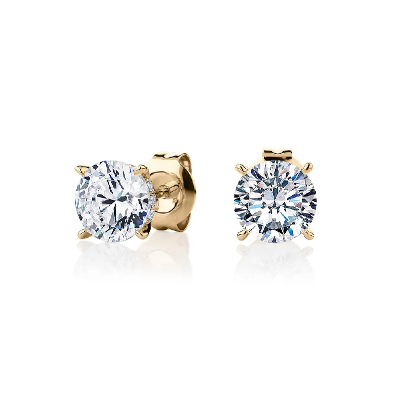 Shop Fine Jewelry With Amazing Deals Round Brilliant stud earrings with 2.18 carats* of diamond simulants in 10 carat yellow gold Shop Fine Jewelry With Amazing Deals Round Brilliant stud earrings with 2.18 carats* of diamond simulants in 10 carat yellow gold