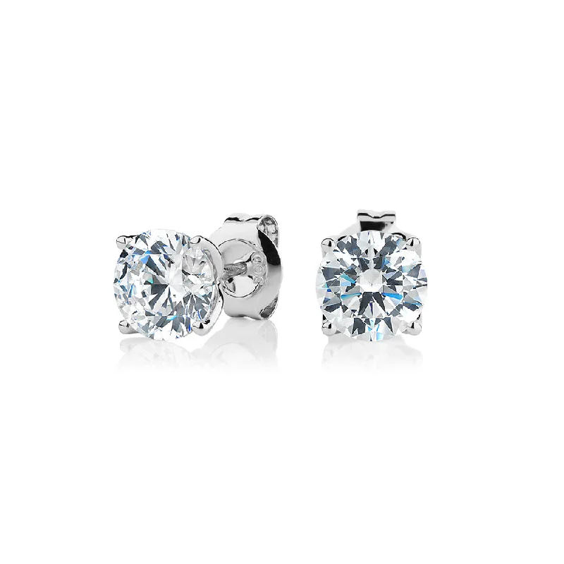 Grab Your Favorite Jewelry At The Lowest Prices Round Brilliant stud earrings with 2 carats* of diamond simulants in 10 carat white gold Grab Your Favorite Jewelry At The Lowest Prices Round Brilliant stud earrings with 2 carats* of diamond simulants in 10 carat white gold