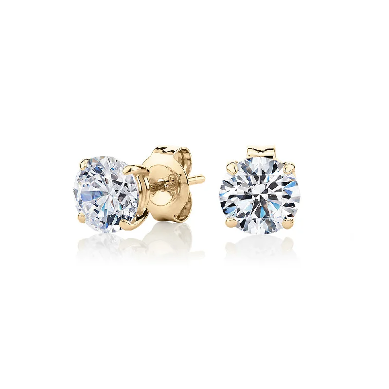 The Ultimate Jewelry Sale – Shop Premium Styles Round Brilliant stud earrings with 2 carats* of diamond simulants in 10 carat yellow gold The Ultimate Jewelry Sale – Shop Premium Styles Round Brilliant stud earrings with 2 carats* of diamond simulants in 10 carat yellow gold