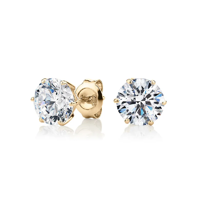 Shop High-Quality Jewelry At Jaw-Dropping Discounts Round Brilliant stud earrings with 3 carats* of diamond simulants in 10 carat yellow gold Shop High-Quality Jewelry At Jaw-Dropping Discounts Round Brilliant stud earrings with 3 carats* of diamond simulants in 10 carat yellow gold