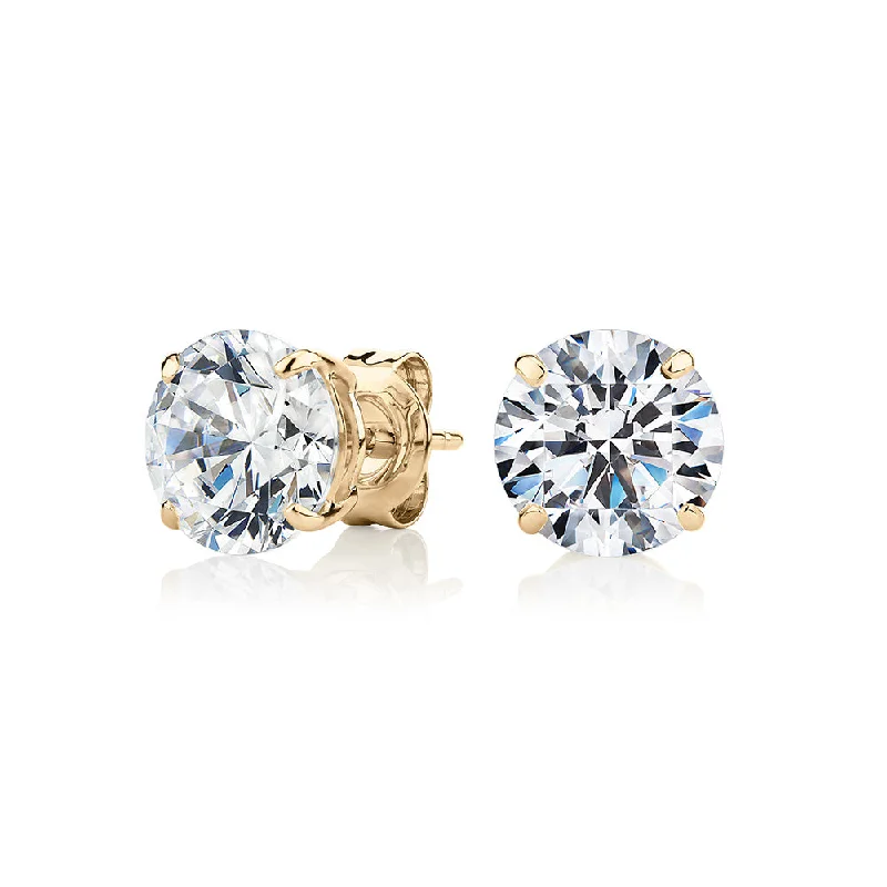 Must-Have Jewelry At Unbelievable Discounts Round Brilliant stud earrings with 4 carats* of diamond simulants in 10 carat yellow gold Must-Have Jewelry At Unbelievable Discounts Round Brilliant stud earrings with 4 carats* of diamond simulants in 10 carat yellow gold