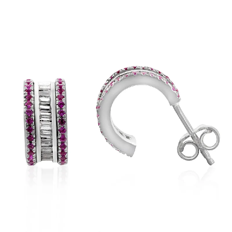 Elegant Rose Gold Jewelry For A Stylish Touch Sterling Silver Red And White Cubic Zirconia On Broad Half Hoop Earrings Elegant Rose Gold Jewelry For A Stylish Touch Sterling Silver Red And White Cubic Zirconia On Broad Half Hoop Earrings