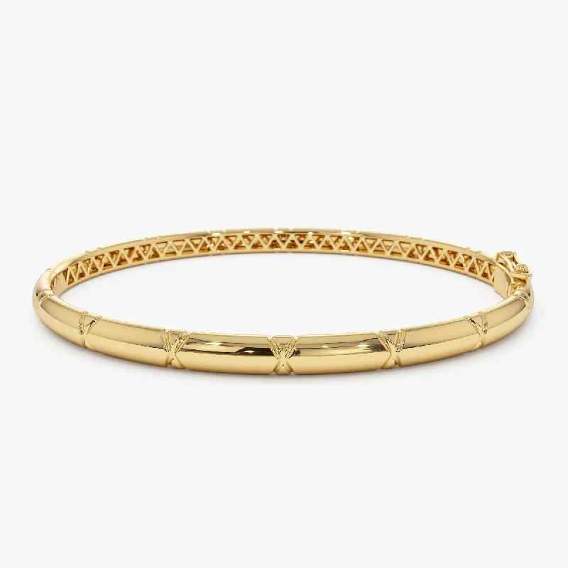 Waterproof Stainless Steel Jewelry For Lasting Beauty 14K 4MM Dome X Cut Design Gold Bangle Waterproof Stainless Steel Jewelry For Lasting Beauty 14K 4MM Dome X Cut Design Gold Bangle