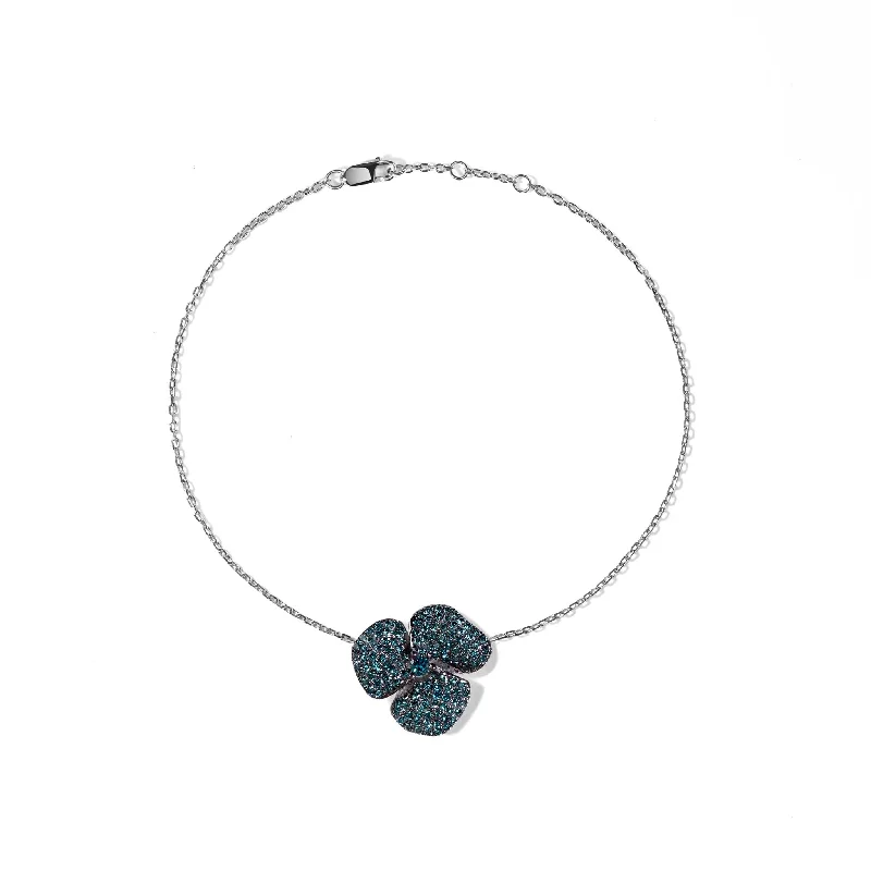 Shop Handcrafted Jewelry At Special Promotional Rates Bloom Small Flower Blue Diamond Bracelet in White Gold Shop Handcrafted Jewelry At Special Promotional Rates Bloom Small Flower Blue Diamond Bracelet in White Gold