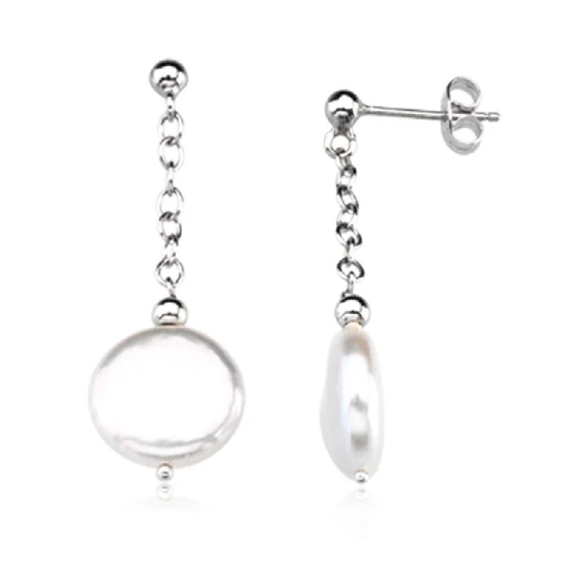 12-13mm White Freshwater Cultured Coin Pearl Sterling Silver Earrings