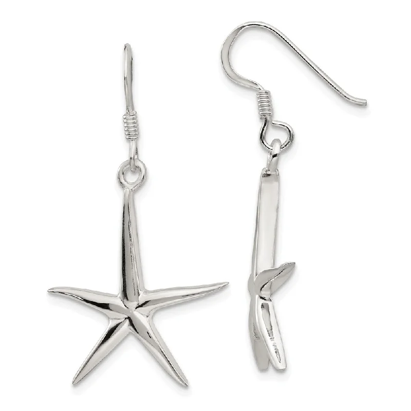 20mm Polished Pencil Starfish Dangle Earrings in Sterling Silver