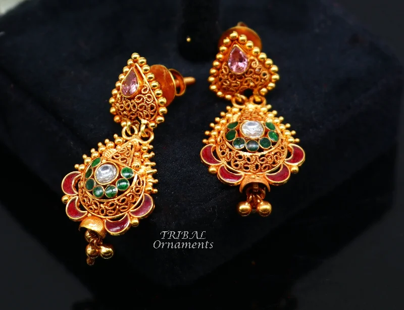 22k yellow gold fabulous handmade filigree work antique designer stud earrings brides wedding jewelry from Rajasthan India er163