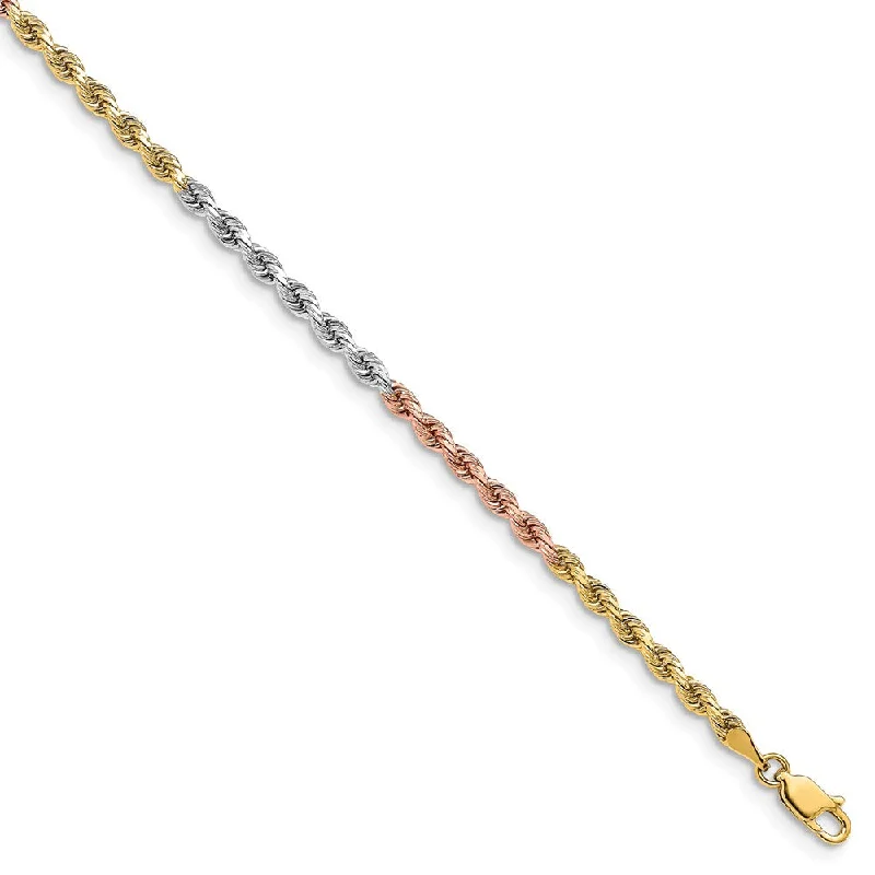 Discounted Jewelry For A Glamorous Look 3mm 14k Tri-Color Gold, D/C Solid Rope Chain Bracelet Discounted Jewelry For A Glamorous Look 3mm 14k Tri-Color Gold, D/C Solid Rope Chain Bracelet