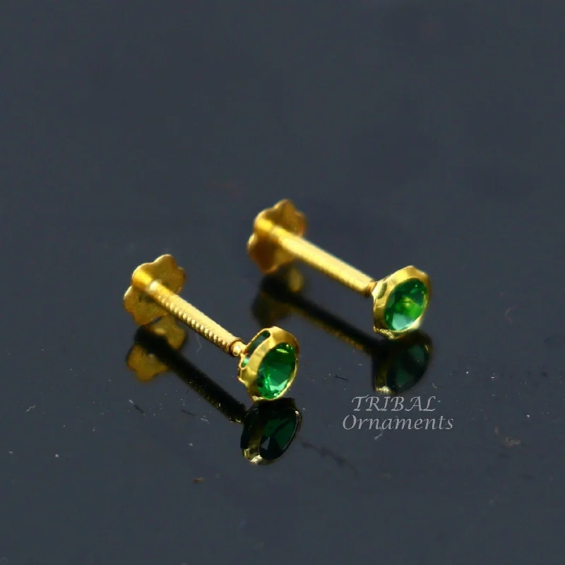 3mm 18k yellow gold handmade fabulous green cubic zircon stone excellent antique vintage design stud earrings pair unisex jewelry er156