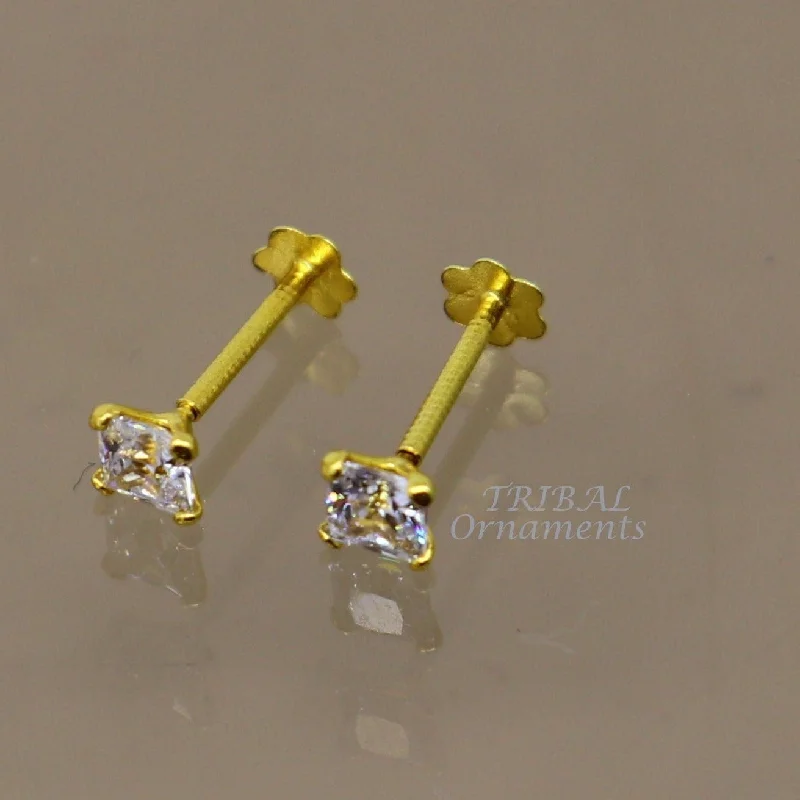 3mm 18kt yellow gold handmade single white stone back screw square shape stud earring cartilage customized unisex jewelry er144