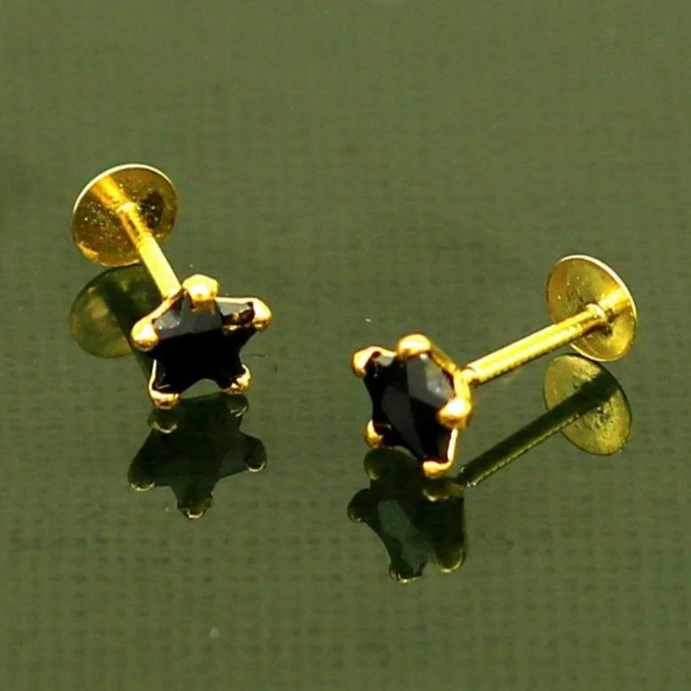 4 mm single black stone 18 kt yellow gold handmade star shape design fabulous screw back stud earring use as nose pin unisex jewelry er118