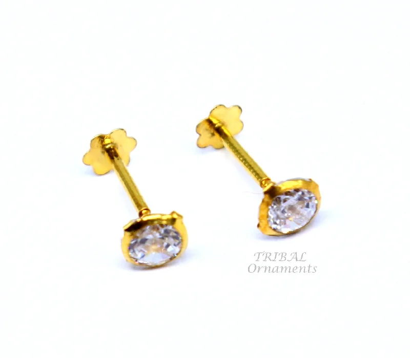 4mm 18k yellow gold handmade fabulous cubic zircon stone excellent antique vintage design stud earrings pair unisex jewelry er157