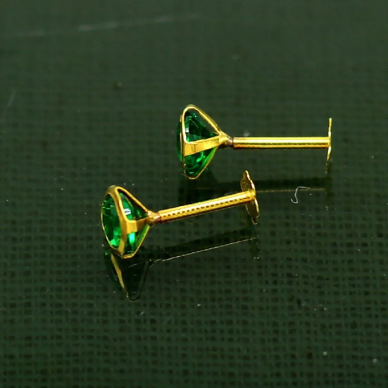 4mm 18k yellow gold handmade fabulous green cubic zircon stone excellent antique vintage design stud earrings pair unisex jewelry er115