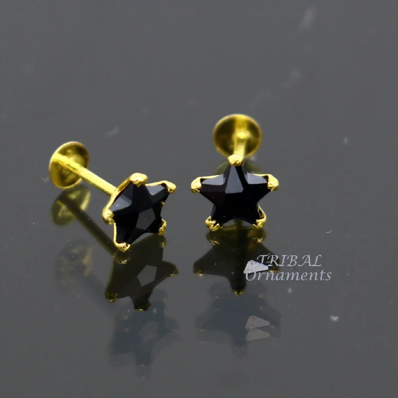 5mm 18kt yellow gold handmade single black stone back screw Star shape stud earring cartilage customized unisex jewelry er142