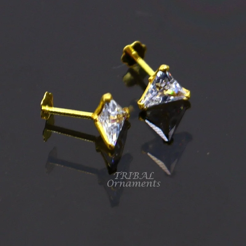 5mm 18kt yellow gold handmade single stone Triangle shape stud earring cartilage earring customized unisex screw back stud jewelry er148