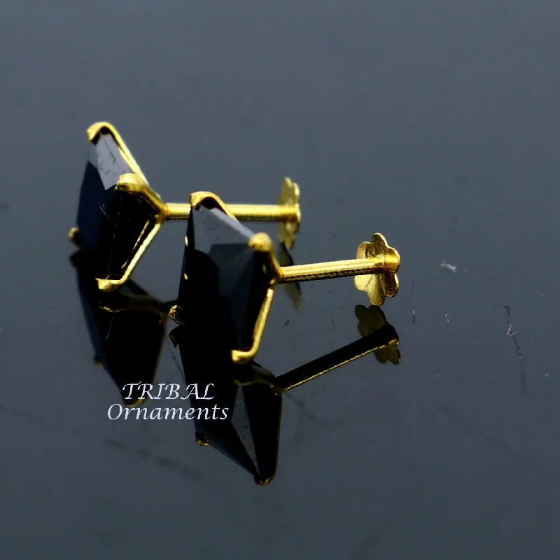 6mm 18kt yellow gold handmade single black stone back screw stud earring cartilage customized unisex jewelry er139