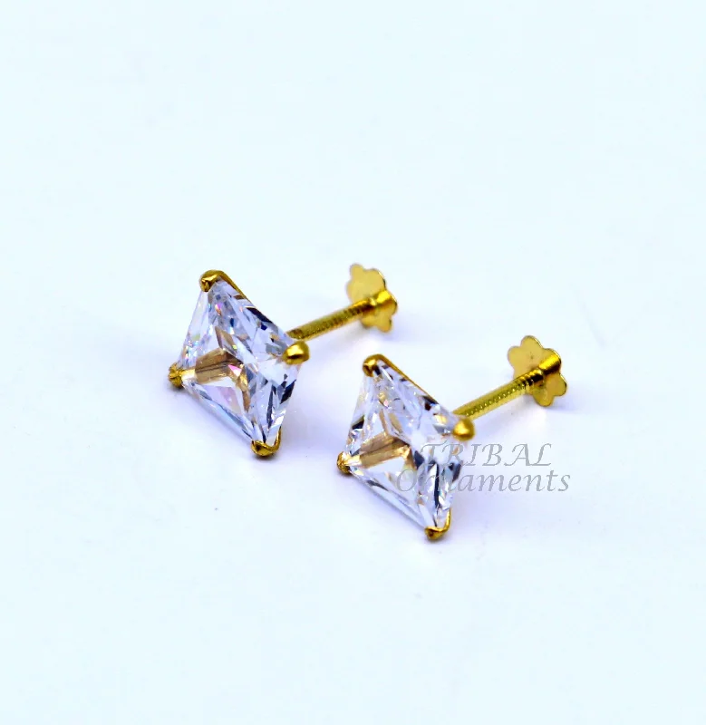 6mm OR 5 mm 18kt yellow gold handmade single cubic zircon stone square shape stud earring cartilage customized unisex jewelry er143