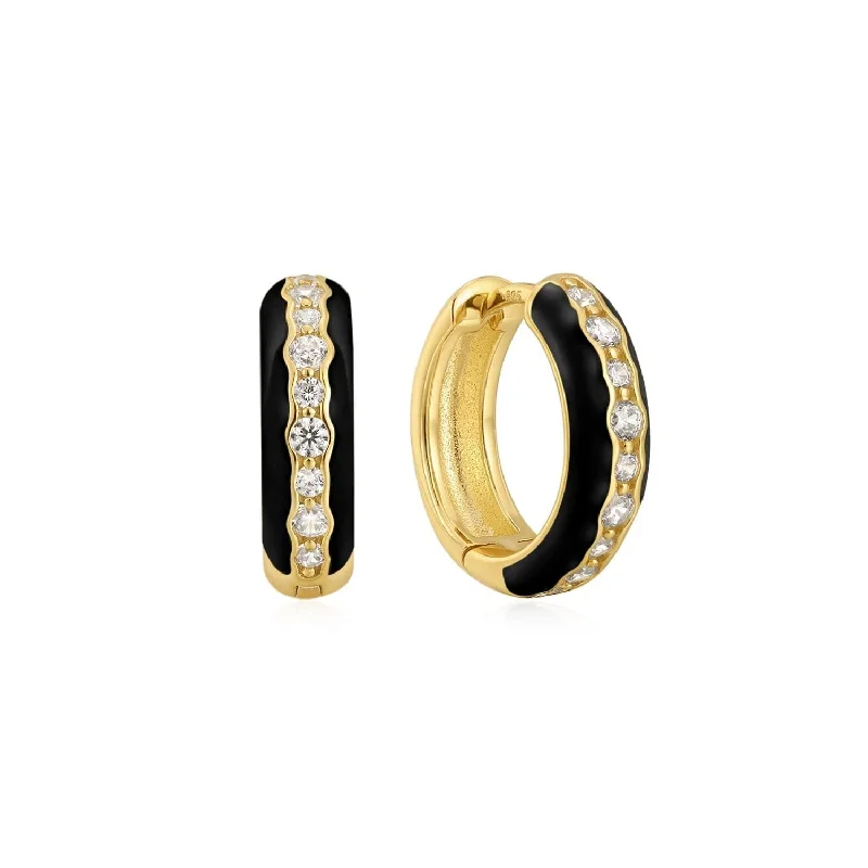 Black Enamel & Cz Channel Huggie Hoop Earrings