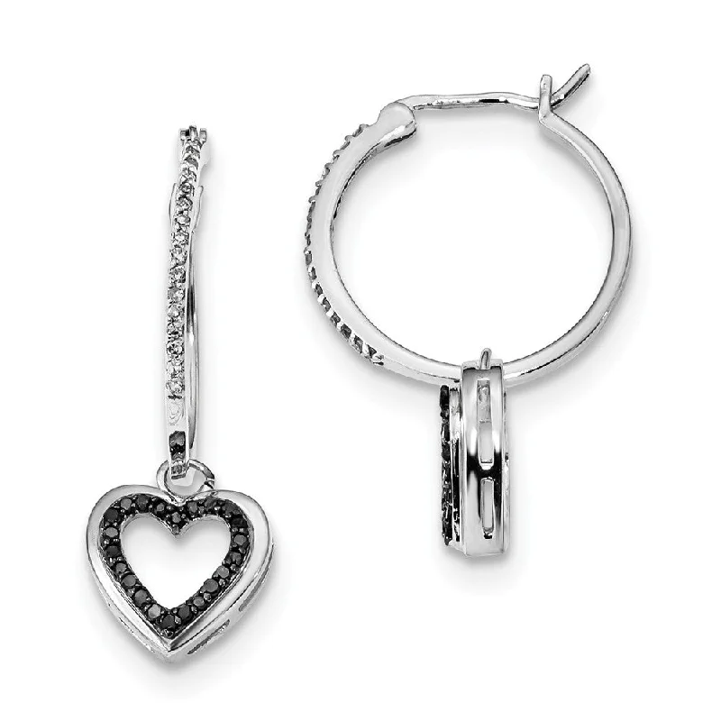 Black & White Diamond Dangle Heart Hoop Earrings in Sterling Silver