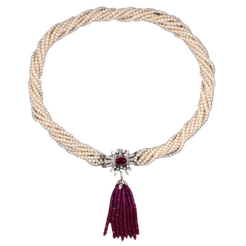 Celebrate Every Occasion With Sparkling Savings 9-Strand Pearl Torsade Necklace with Rubies & Diamonds Celebrate Every Occasion With Sparkling Savings 9-Strand Pearl Torsade Necklace with Rubies & Diamonds