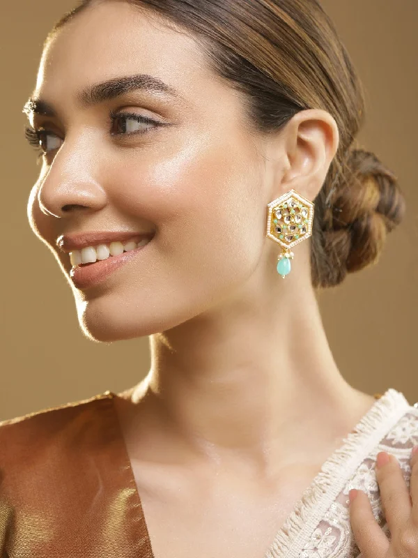 Gold Plated Kundan White & Blue Beads Stud Earrings