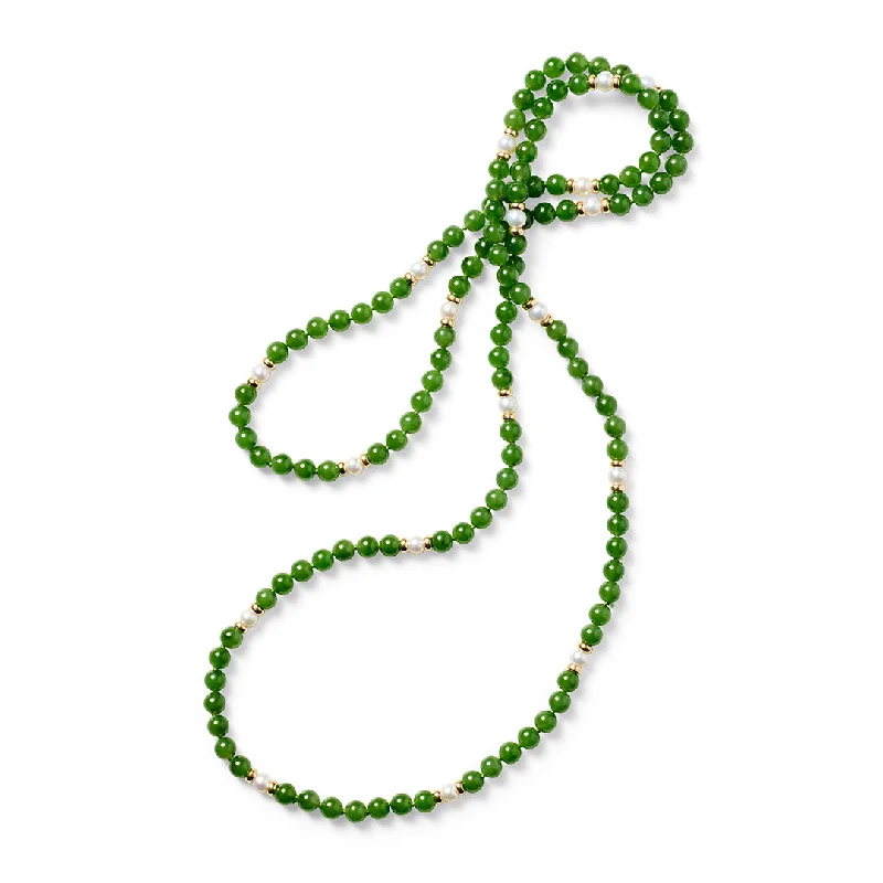 Limited-Stock Jewelry Sale – Once It's Gone, It's Gone 5mm Green Nephrite Jade & Pearl Station Rope Necklace