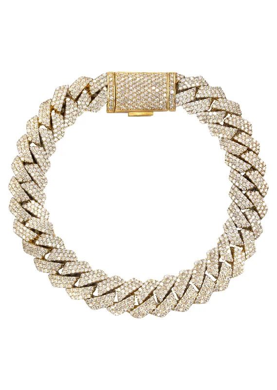 Iced Out Diamond Prong Cuban Link Yellow Gold Bracelet 10K/14K