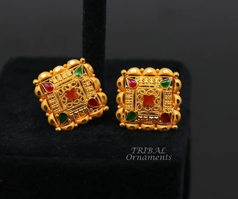 Indian traditional design handmade fabulous flower design 22k 22 carat yellow gold hand carved  stud earring for women's jewelry ER166