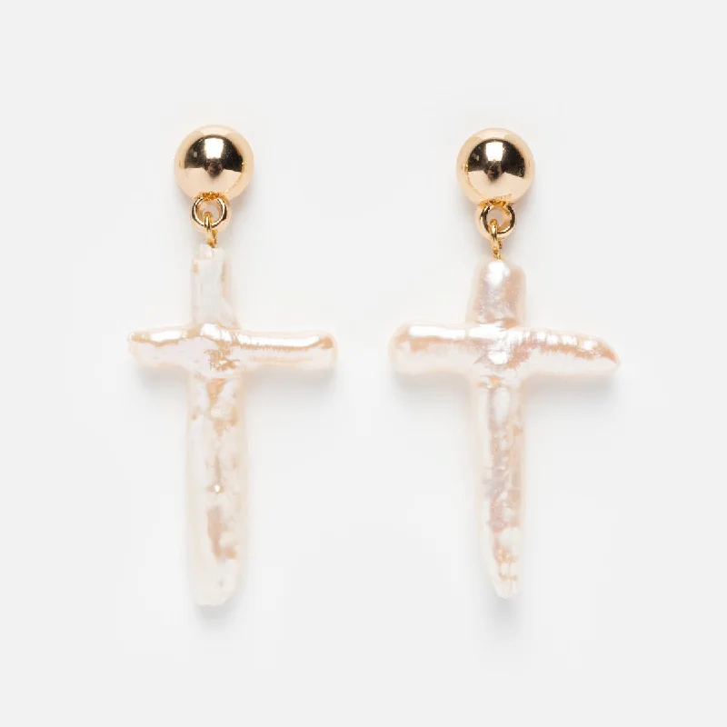 Classic And Modern Jewelry Styles On Sale Organic Freshwater Pearl Cross Earrings