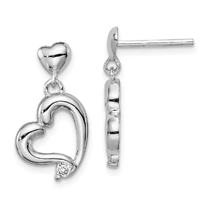 Polished CZ Accent Heart Dangle Post Earrings in Sterling Silver