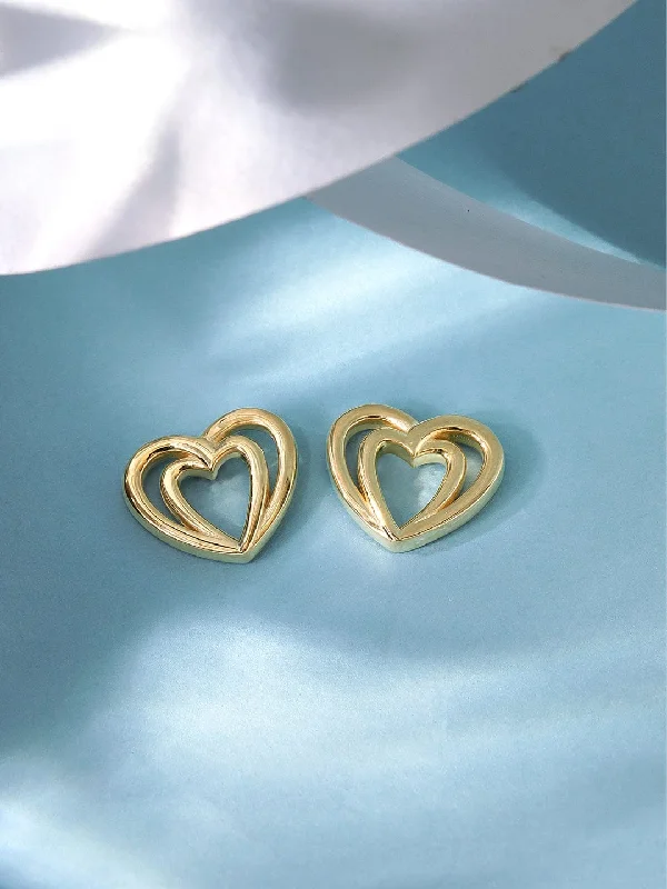 Rubans 925 Silver, 18K Gold Plated Layered Heart Motif Stud Earrings.