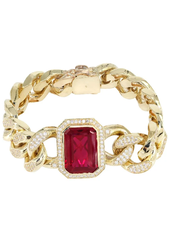 Solid Mens Ruby Miami Cuban Link Bracelet 10K Yellow Gold