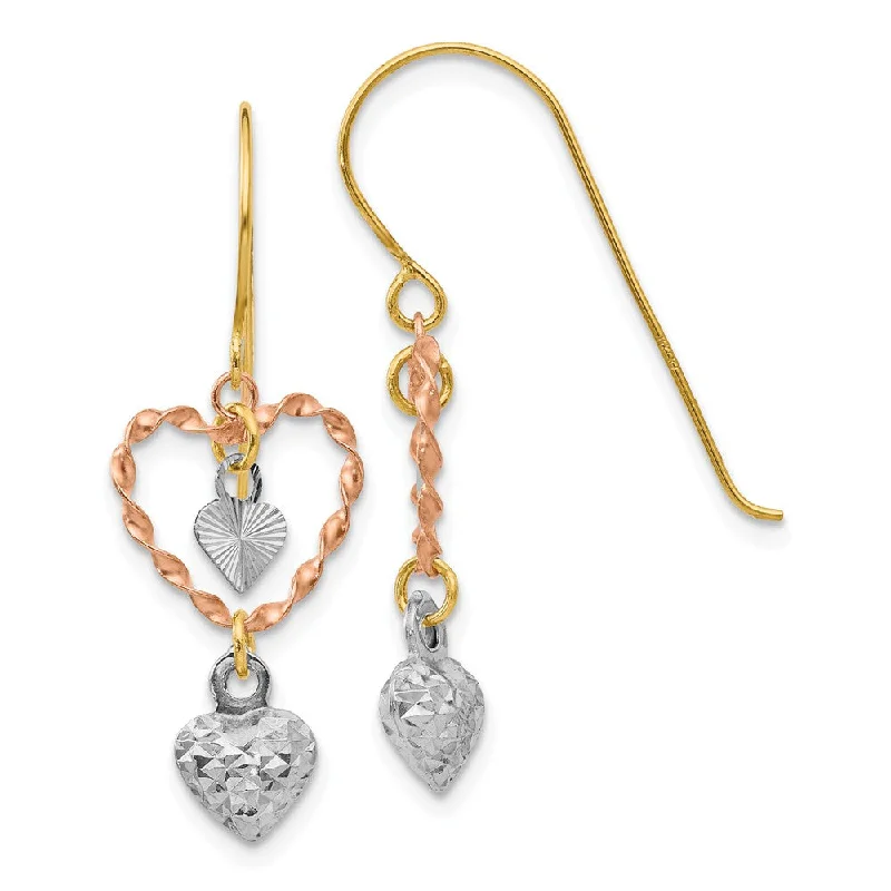 Grab Exquisite Jewelry At The Lowest Prices Tri-Color Triple Heart Dangle Earrings in 14k Gold Grab Exquisite Jewelry At The Lowest Prices Tri-Color Triple Heart Dangle Earrings in 14k Gold