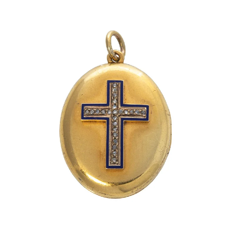 Premium Diamond Jewelry For Unforgettable Moments Victorian Diamond Enamel Cross 18K Gold Oval Locket Premium Diamond Jewelry For Unforgettable Moments Victorian Diamond Enamel Cross 18K Gold Oval Locket