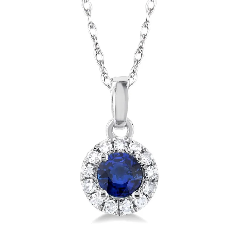 10K White Gold Sapphire And Diamond Halo Pendant Necklace