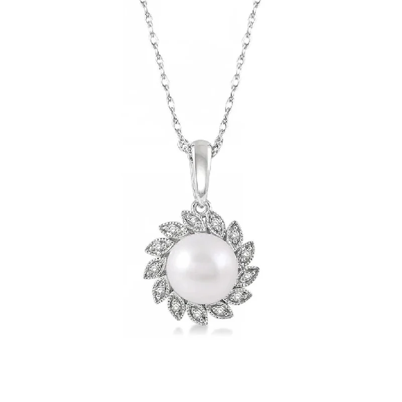 10K White Gold Sunflower Pearl And Diamond Pendant Necklace