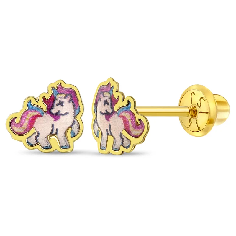 Modern Statement Jewelry For Bold Styling 14k Gold Galloping Unicorn Baby / Toddler / Kids Earrings Safety Screw Back Enamel