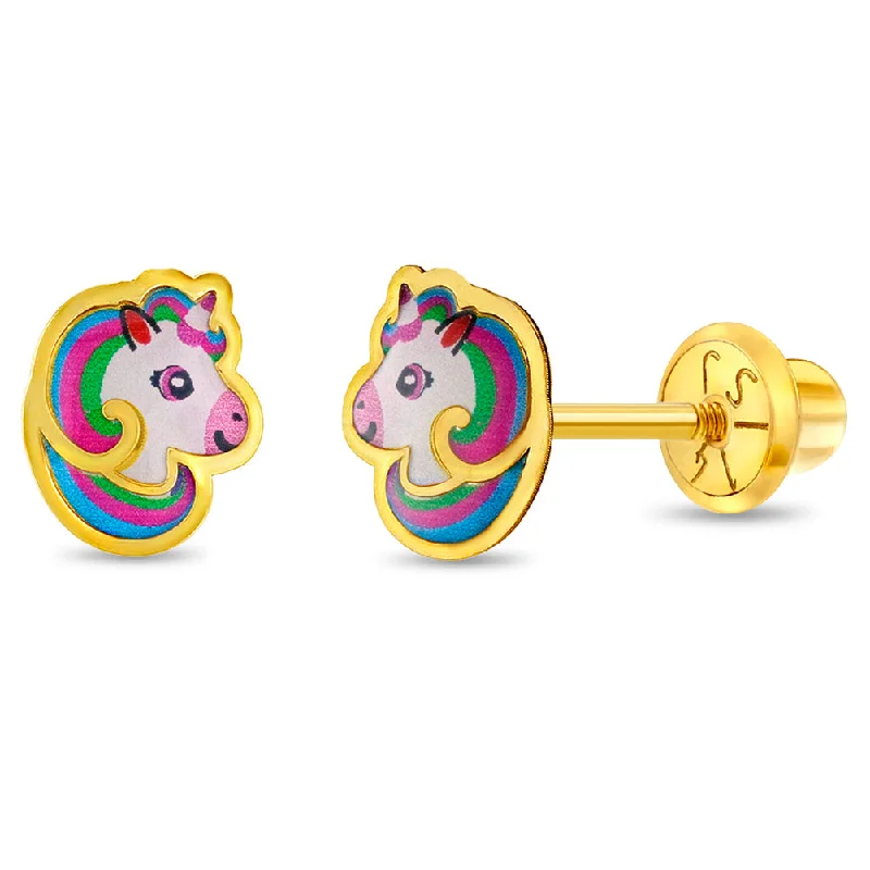 Premium Diamond Jewelry For Unforgettable Moments 14k Gold Rainbow Mane Unicorn Baby / Toddler / Kids Earrings Safety Screw Back Enamel