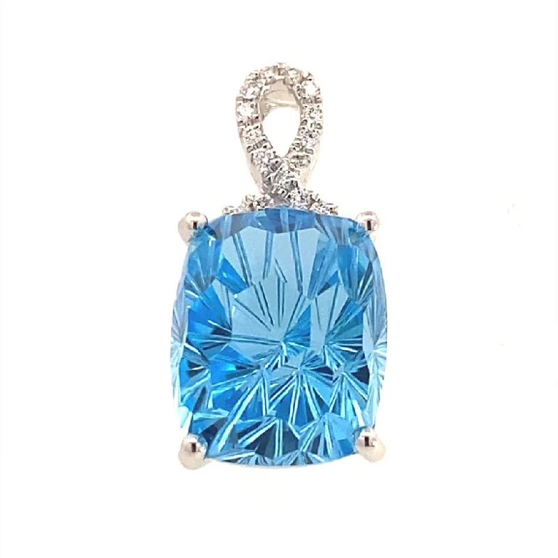 14K White Gold Blue Topaz And Diamond Pendant