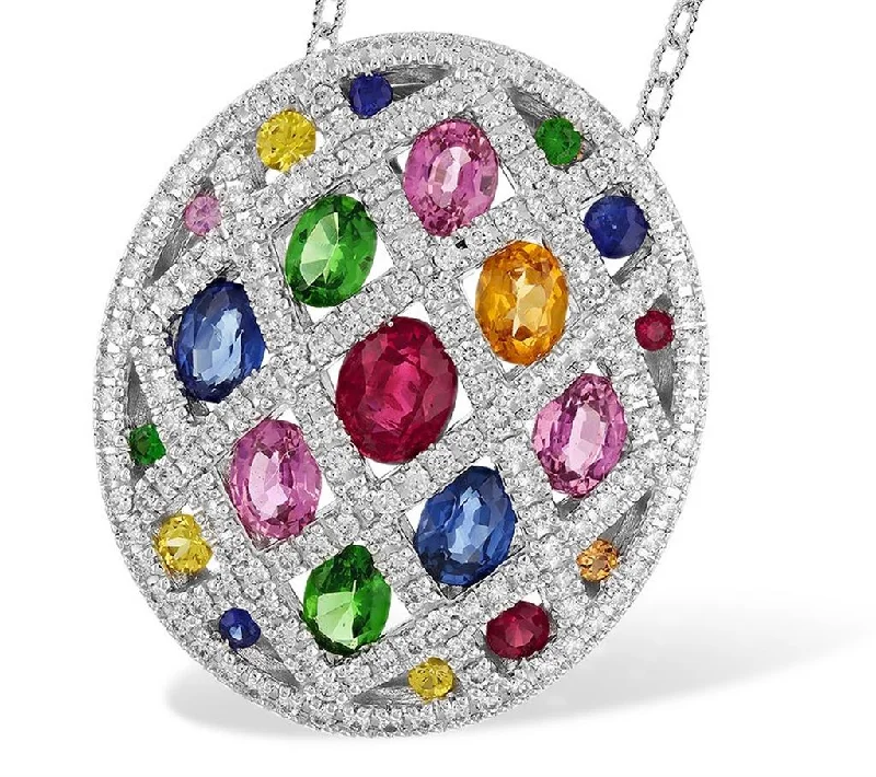 14K White Gold Multicolored Stone And Diamond Oval Pendant Necklace