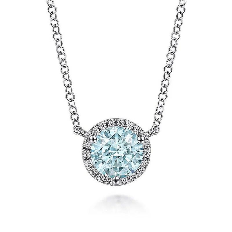 Best Jewelry Sale – Shop Exclusive Designs Now 14K White Gold Round Aquamarine and Diamond Halo Pendant Necklace Best Jewelry Sale – Shop Exclusive Designs Now 14K White Gold Round Aquamarine and Diamond Halo Pendant Necklace
