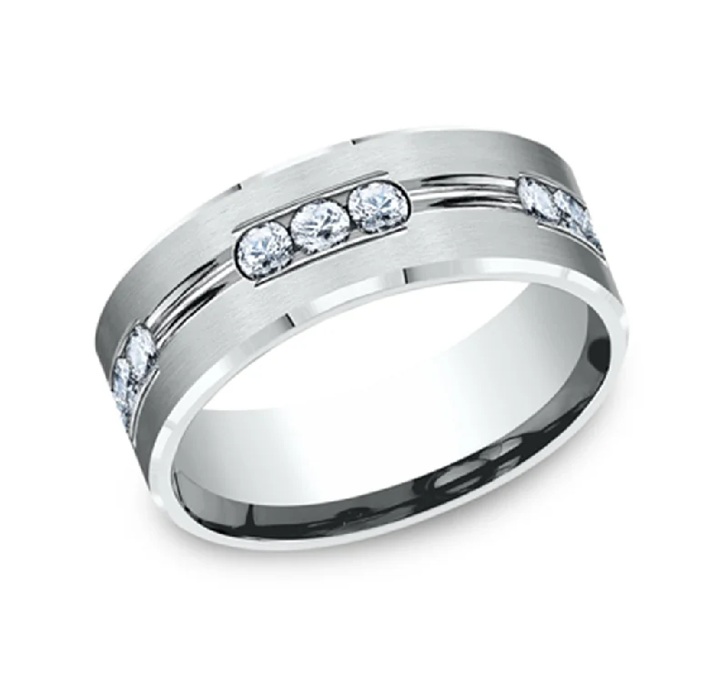 Shop Jewelry That Shines Without The High Price 14K White Gold 'The King' Satin Finish Polished Center 8mm Diamond Wedding Band Shop Jewelry That Shines Without The High Price 14K White Gold 'The King' Satin Finish Polished Center 8mm Diamond Wedding Band